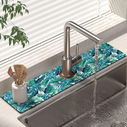 Kitchen Sink Splash Guard Faucet Mat 24" X 5.5" Tropical Leavesl Absorbent Fast Drying Mat Faucet Draining Mat Sink Splash Guard Behind Faucet Drip Catcher for Kitchen Bathroom