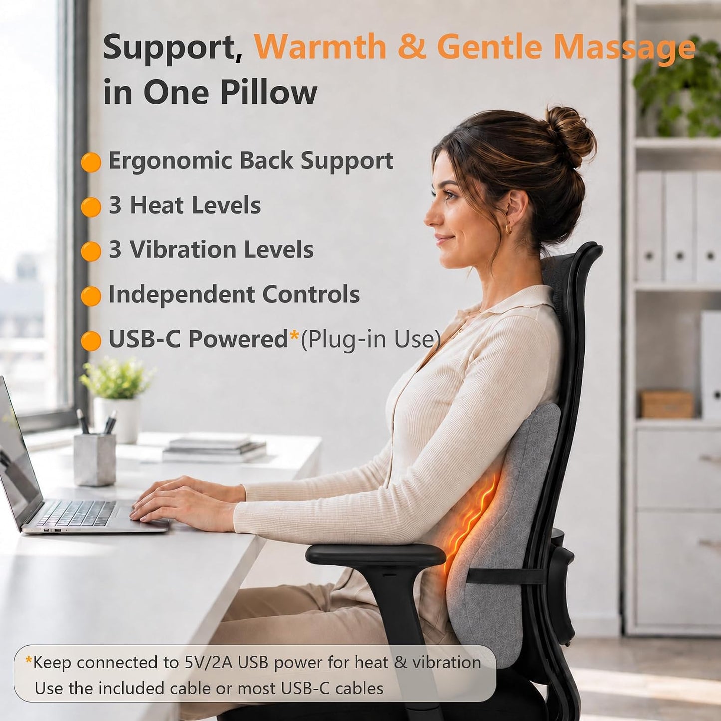Lumbar Support Pillow with Heat and Vibration Massage for Lower Back Pain Relief & Comfort, Ergonomic Memory Foam Back Cushion with Adjustable Strap for Office Chair, Car Seat and Sofa, Grey