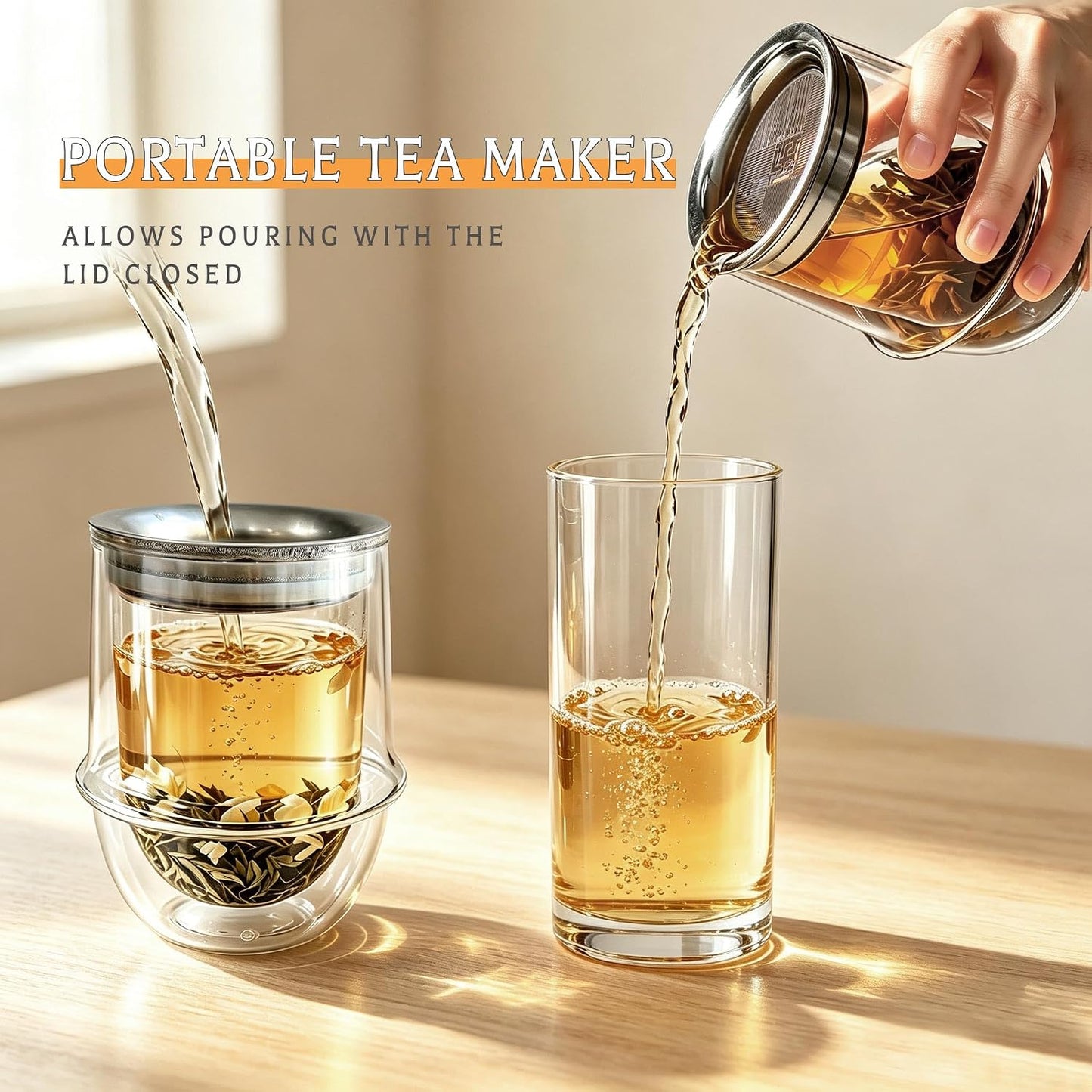 Double-Layer Insulation Glass Teapot with Infuser 12OZ | Tea Infuser Bottle for Loose Leaf Tea, Portable Tea Maker,Travel Tea Mug, Hot Tea Tumbler, Office & Home & camping