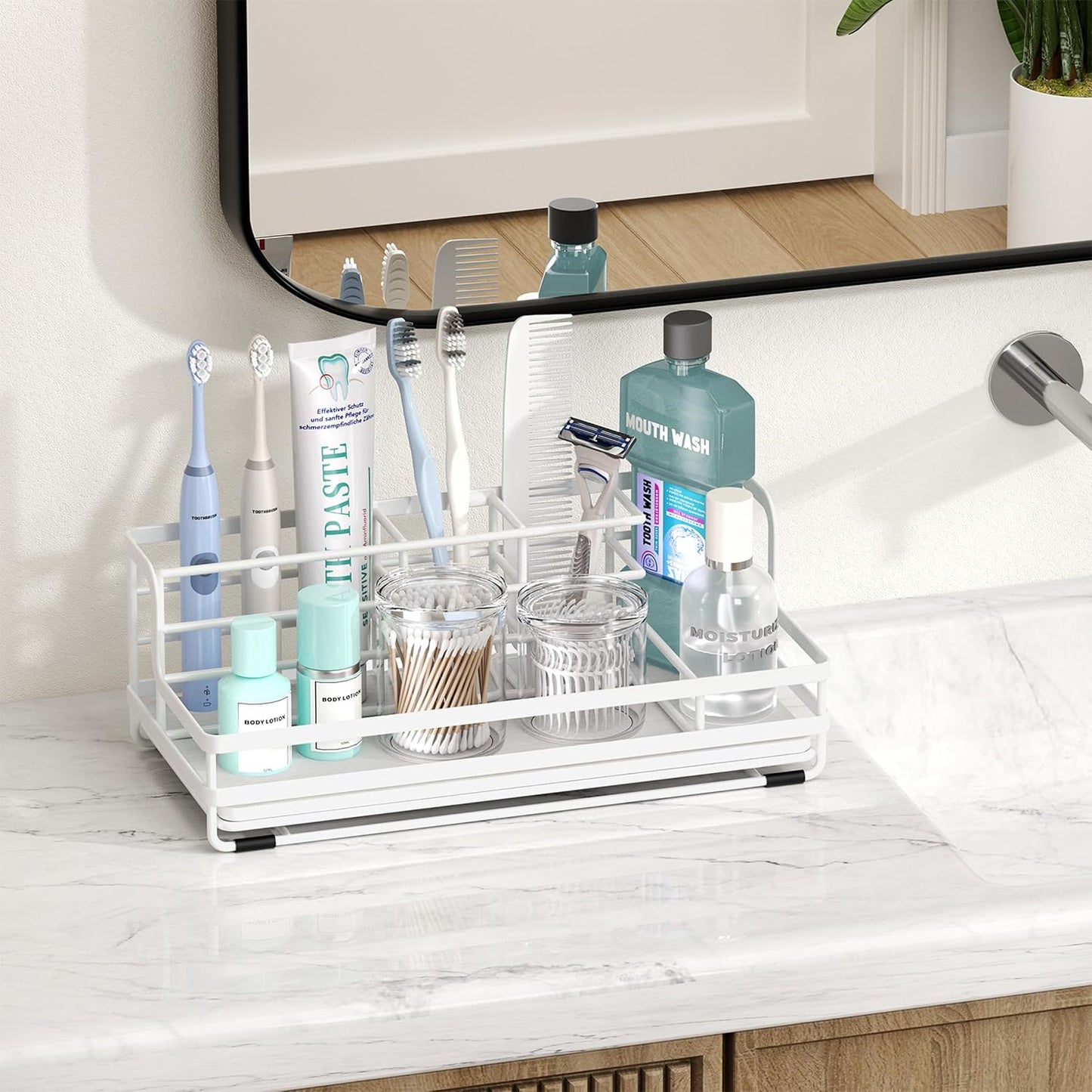 HapiRm Toothbrush Holders for Bathroom - 5 Partitions Bathroom Counter Organizer with Instant Drying Stone, Stainless Steel Countertop Storage Electric Toothbrush Toothpaste Holder - Black
