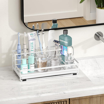 HapiRm Toothbrush Holders for Bathroom - 5 Partitions Bathroom Counter Organizer with Instant Drying Stone, Stainless Steel Countertop Storage Electric Toothbrush Toothpaste Holder - Black