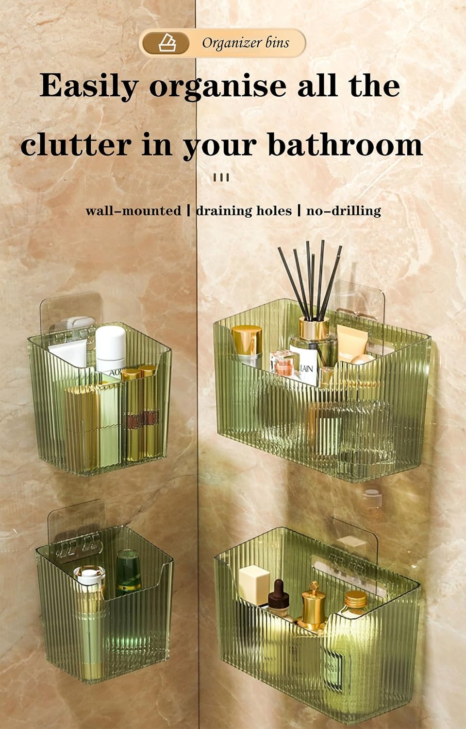 Lae Nuvole 2Pcs Storage Organizer Bins, Wall Shower Toothbrush Caddy, Clear | with Dividers & 4 Adhesive Pads, No Drill, Renter Friendly, BPA-Free PET, Fits Bathroom, Apartment, RVs, Cabinet/Pantry Door