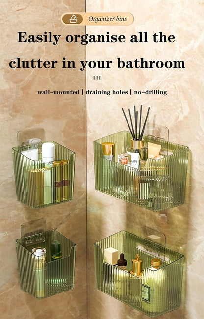 Lae Nuvole 2Pcs Storage Organizer Bins, Wall Shower Toothbrush Caddy, Clear | with Dividers & 4 Adhesive Pads, No Drill, Renter Friendly, BPA-Free PET, Fits Bathroom, Apartment, RVs, Cabinet/Pantry Door