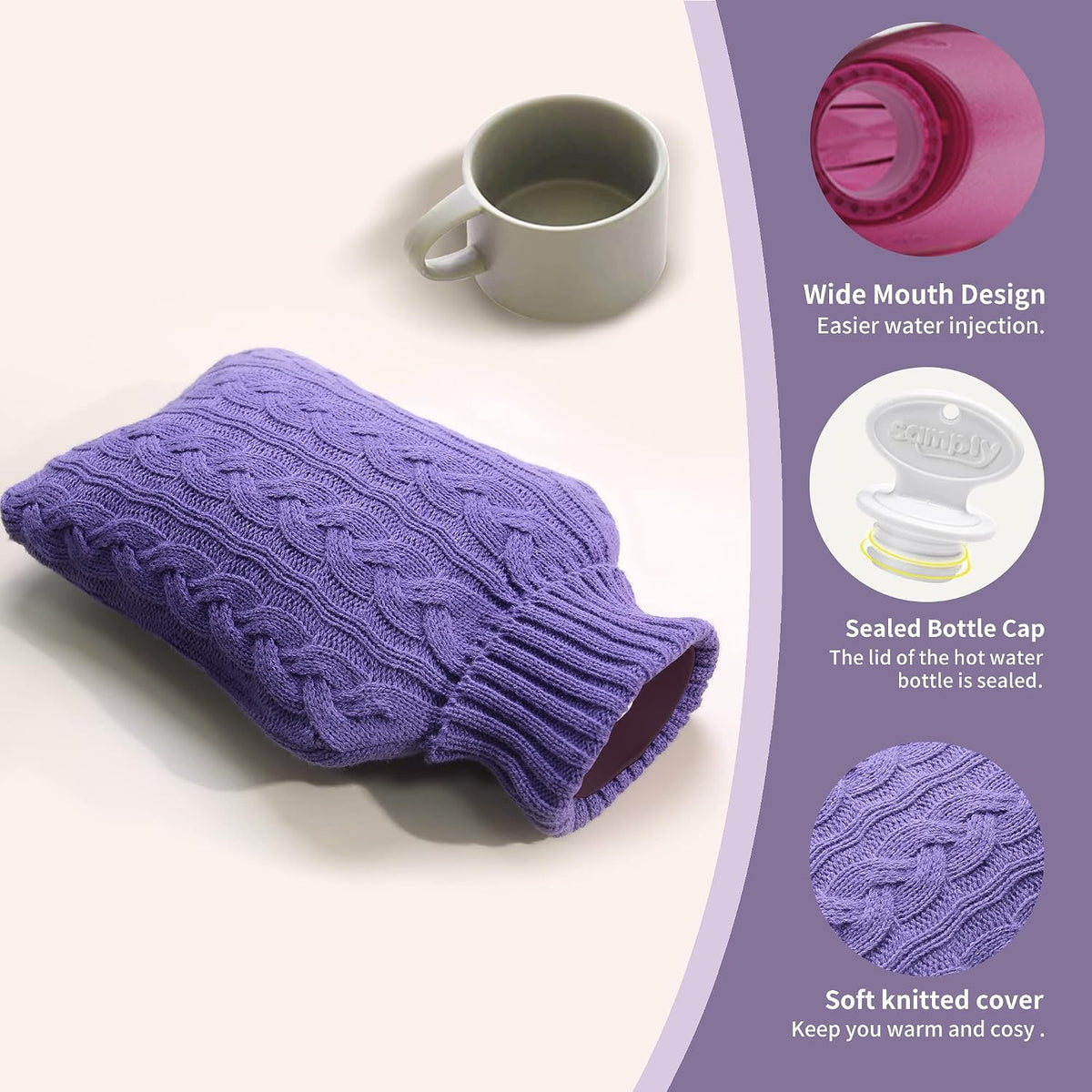 samply 2L Hot Water Bottle with Knitted Cover, Hot Water Bag, Purple