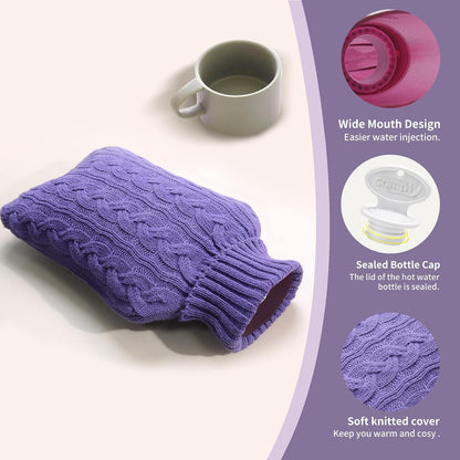 samply 2L Hot Water Bottle with Knitted Cover, Hot Water Bag, Purple