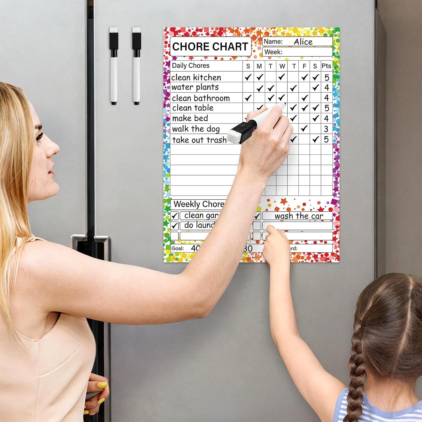 2 Pack Magnetic Chore Chart for Kids 12" x 9" Confetti Dry Erase Reward Chore Charts Weekly Behavior Responsibility Chores Board for Teens Adults Fridge Family Task Organization Home Rewards