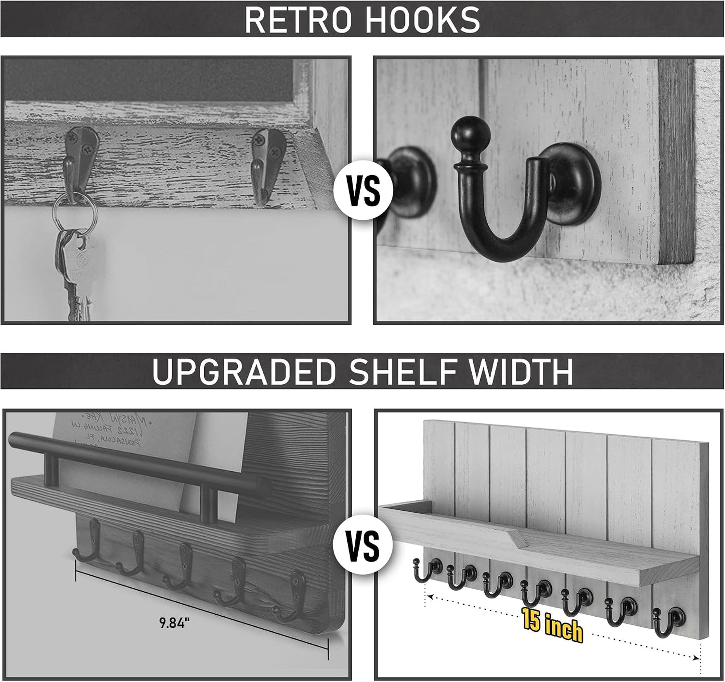 Rebee Vision Key Holder Wall Mount with 5 Key Hooks for Home Decor, Brown | 3.54'' x 10'' x 7.28'', Small Shelf for Display Plant, Key Hangers for Hat, Entryway Space-Saving Storage