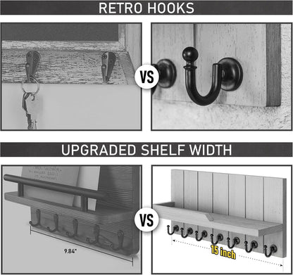 Rebee Vision Key Holder Wall Mount with 5 Key Hooks for Home Decor, Brown | 3.54'' x 10'' x 7.28'', Small Shelf for Display Plant, Key Hangers for Hat, Entryway Space-Saving Storage