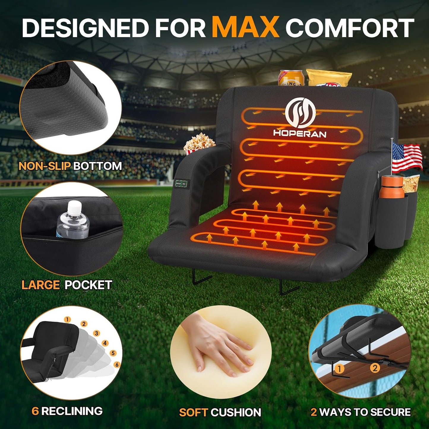 HOPERAN Heated Stadium Seats with Back Support, Dual Control, 1-Pack | Independent Seat & Back 3 Level Heat (NO Battery), Soft Cushion, 6 Recliner, Anti-Slip, Side Pockets, Backpack Straps