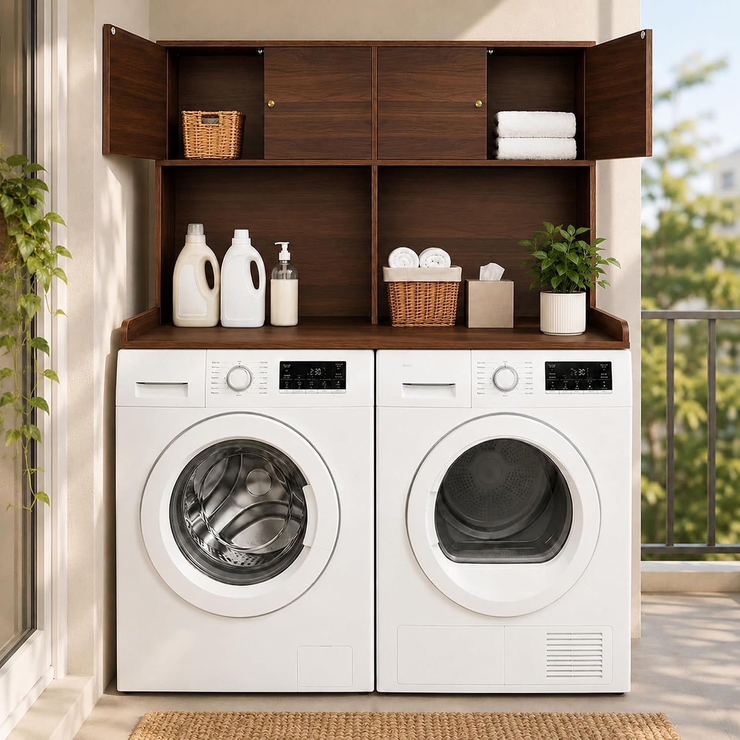 Washer Dryer Countertop with Cabinets, 2-Tier Laundry Countertop with Shelf | Washer and Dryer Topper with Edge, Over Washer and Dryer Shelves for Laundry Room, Universal Fit, 54.5"Wx27.5"Dx32.5"H