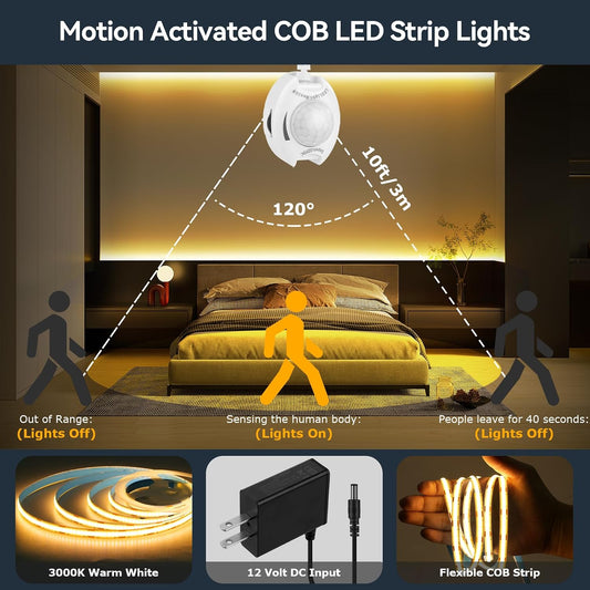 Under Bed Lights Motion Sensor COB LED Strip 3000K Warm White 2-Pack 6.56Ft
