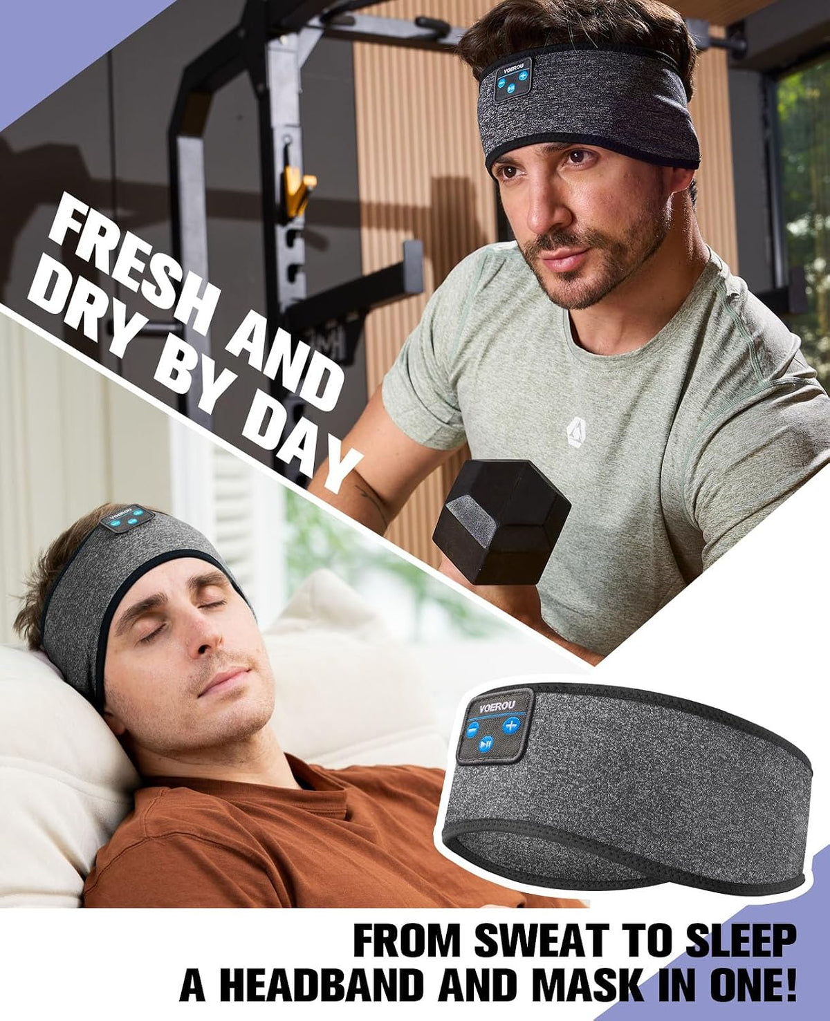 Voerou Sleep Headphones Bluetooth 5.4 Headband, Breathable Sports Headband Sleeping Headphones Eye Mask Music Earbuds, Perfect for Sleep Exercises Workout Yoga Travel, Cool Tech Gadgets Gifts for Men