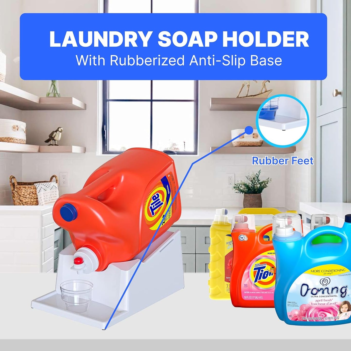 TidyFriend No-Spill Liquid Laundry Detergent Dispenser Holder, Laundry Soap Dispenser Holder with Drip Tray for Laundry Room Organization, Angled Downward Slope for Easy Pouring (No Strap, Ivory)