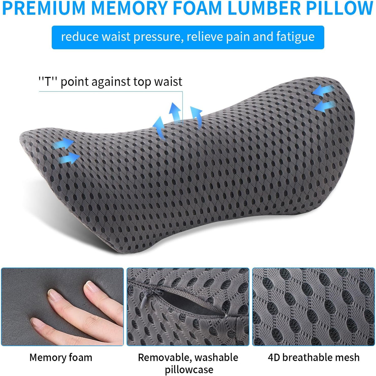 Lumbar Pillow, Memory Foam Lumbar Support Pillow for Office Chair and Car Seat, Ergonomic Streamline Back Pillow for Lower Back Pain Relief, Back Support Pillow for Sitting, Driving, Traveling