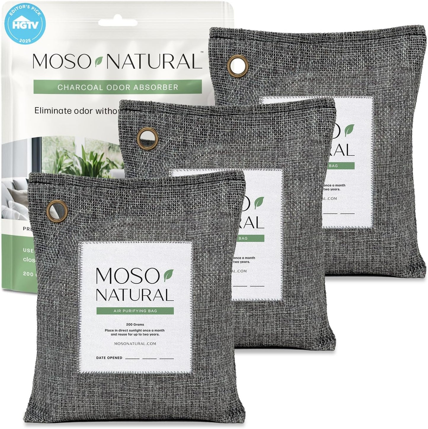 Moso Natural Air Purifying Bag 200g, Charcoal Odor Absorber, Car Odor Eliminator & Closet Deodorizer for Home & Pet, Lasts 2 Years, Unscented Bamboo Charcoal Bags, HGTV Editors' Pick