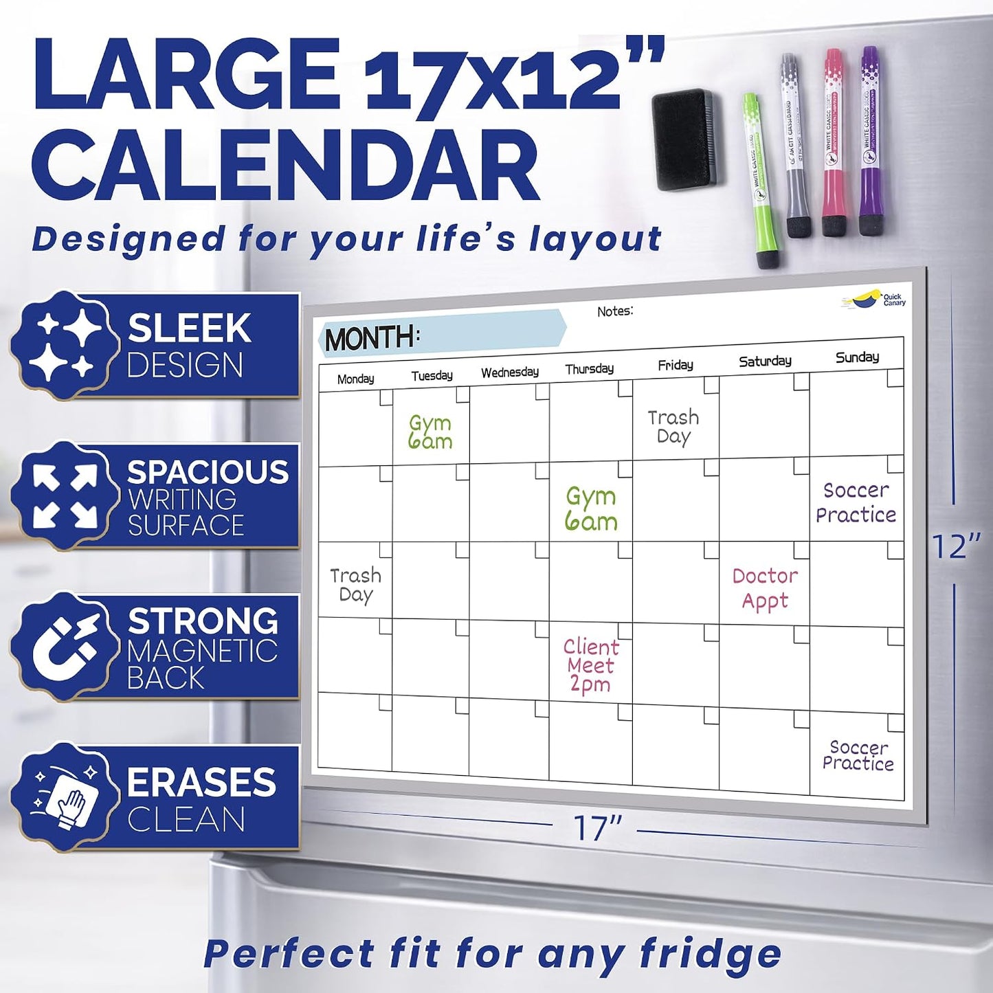 Large Magnetic Weekly Planner for Fridge, Dry Erase Whiteboard | 17x12" Stain-Resistant Surface, Strong Full-Back Magnet, 7-Day Weekly Planner for Meals & Chores, 4 Markers & Eraser