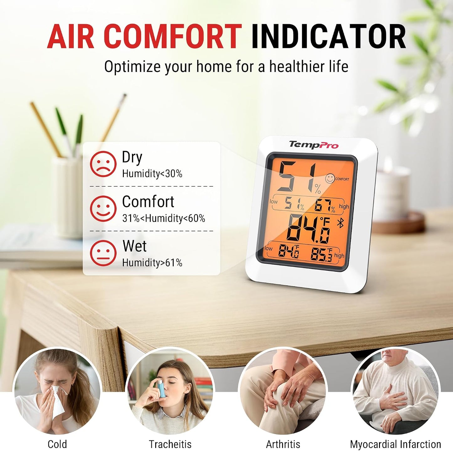 TempPro TP50 Digital Hygrometer Indoor Thermometer Room Thermometer | Humidity Meter Humidity Gauge with Temperature Humidity Monitor for House Office Celler Greenhouse RV (Previously ThermoPro)