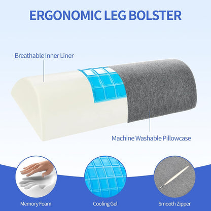 Knee Pillow for Back Sleeping, Gel Memory Foam Leg Pillow for Back Pain, Under Leg Support for Sleeping, Half Moon Bolster Pillow