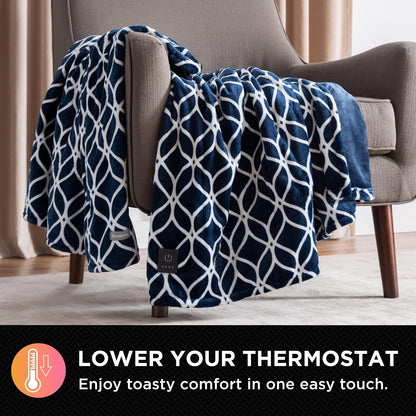 Brookstone Electric Heated Plush Throw - Heated Blankets - 4 Heat Settings, 4-Hour Auto Shut Off, 100% Polyester, 50"x60" - Blue Trellis
