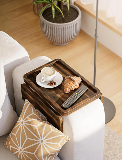 HOLANA 13.75" Acacia Sofa Arm Tray Table, Double Hinge, Natural Wood Color | Solid Acacia Wood, Spacious Surface, Clips Securely with Double-hinge Grip, Foldable & Portable, Multipurpose, No Assembly