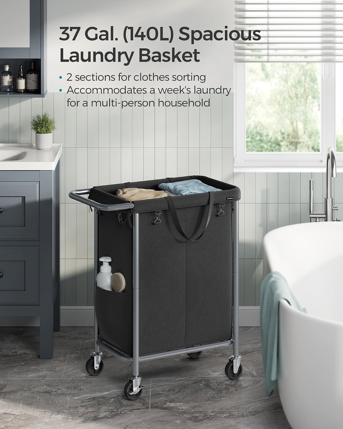 SONGMICS Laundry Basket with Wheels, 4-Section Rolling Laundry Hamper, 68.6 Gallons (260 L), Removable Liner, Steel Frame with Handle, 43.3 x 15.4 x 31.9 Inches, Cream White URLS014W01