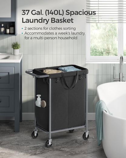 SONGMICS Laundry Basket with Wheels, 4-Section Rolling Laundry Hamper, 68.6 Gallons (260 L), Removable Liner, Steel Frame with Handle, 43.3 x 15.4 x 31.9 Inches, Cream White URLS014W01