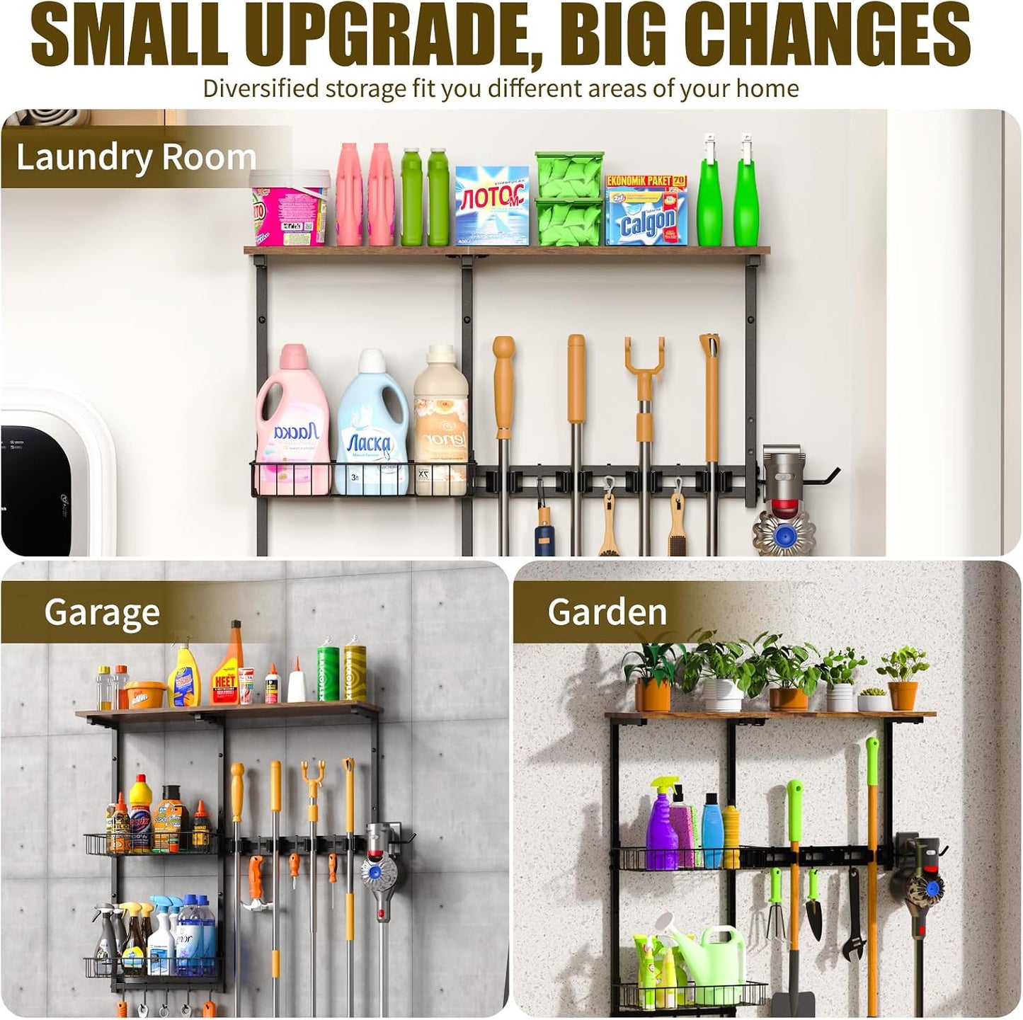 Broom Holder Wall Mount，With A Storage Basket Cleaning Tool Storage Rack | Multifunctional Broom And Mop Organizer Wall Hanger,Suitable Laundry Room 、Garage 、Kitchen Wall-mounted Storage Rack （Black）