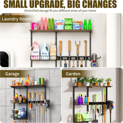 Broom Holder Wall Mount，With A Storage Basket Cleaning Tool Storage Rack | Multifunctional Broom And Mop Organizer Wall Hanger,Suitable Laundry Room 、Garage 、Kitchen Wall-mounted Storage Rack （Black）