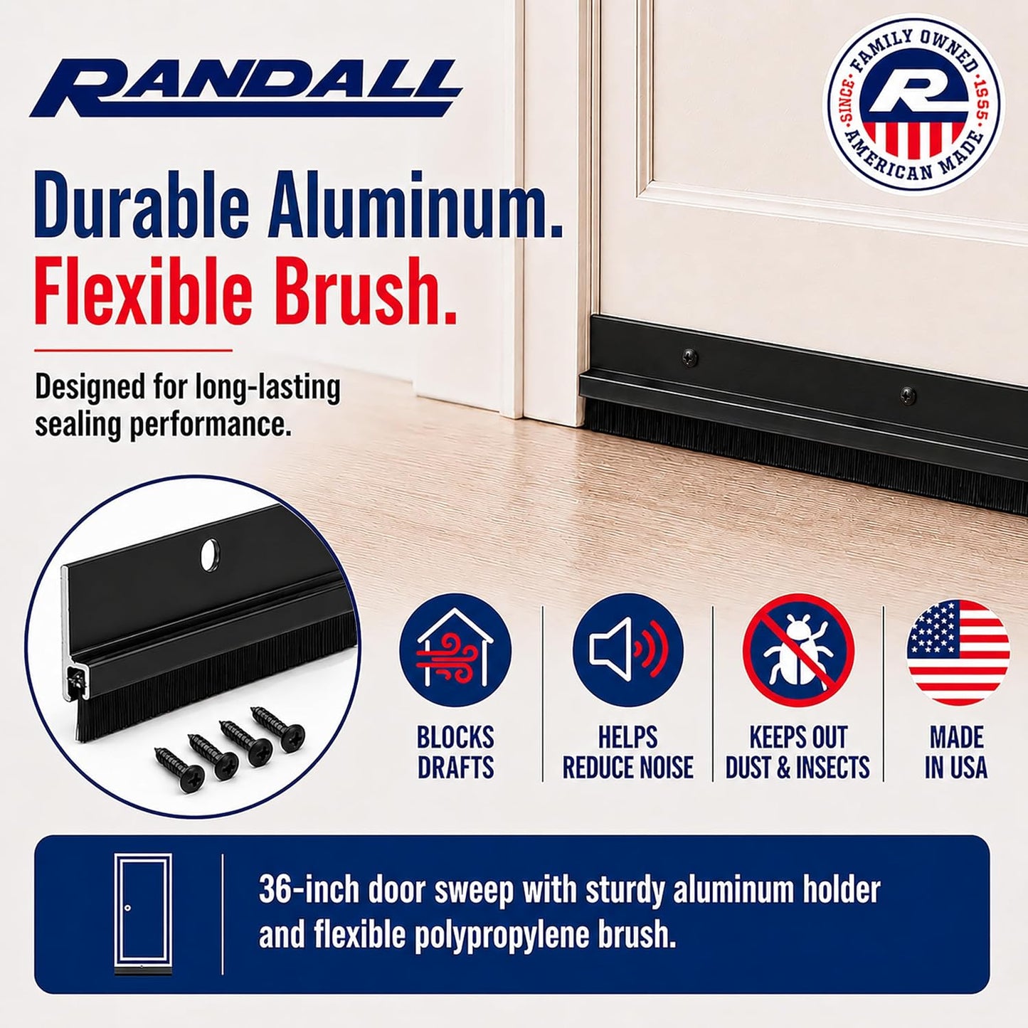 Randall Manufacturing Co., Inc | Door Sweeps – Aluminum & Brush | Brush Sweeps for Gaps Up to 1” | Black Holder | 3 Feet | Fill Gaps & Keep Unwanted Debris Out