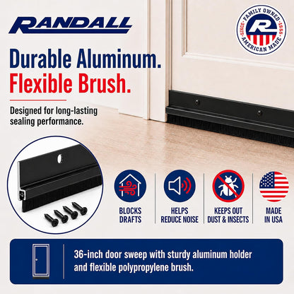 Randall Manufacturing Co., Inc | Door Sweeps – Aluminum & Brush | Brush Sweeps for Gaps Up to 1” | Black Holder | 3 Feet | Fill Gaps & Keep Unwanted Debris Out