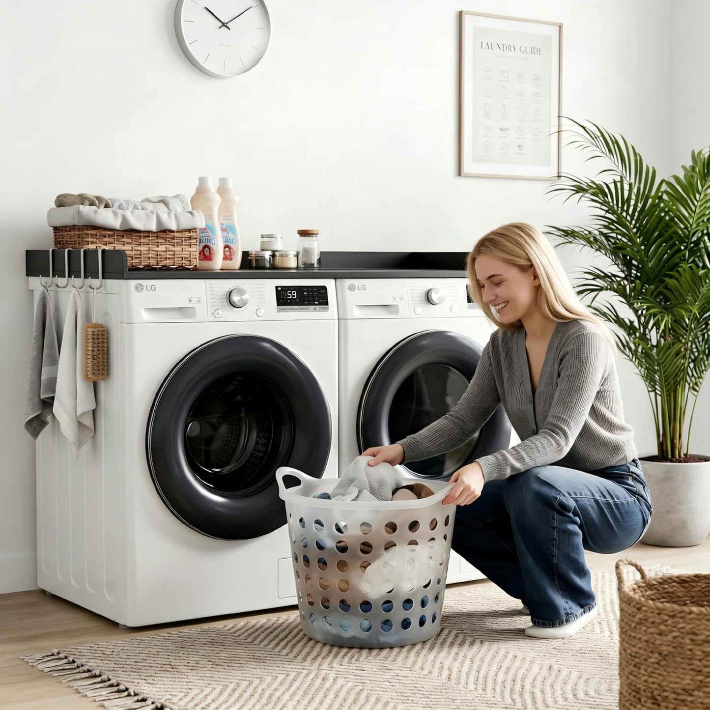 2-Tier Washer Dryer Countertop with Shelves & Metal Hooks, 27" W x 27.5" D Large Laundry Topper for Room Organization & Folding Clothes & Storage(Oak)