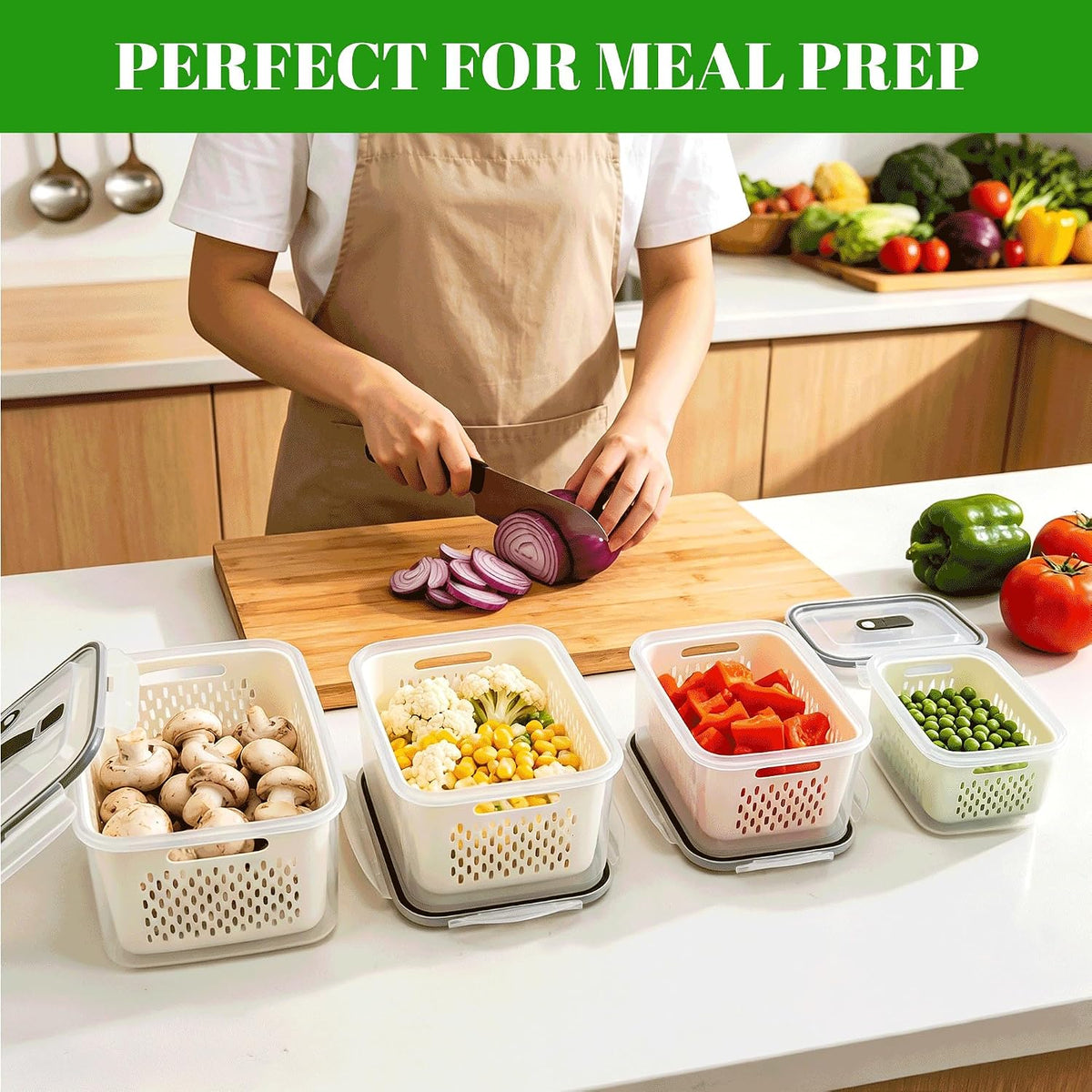 KUK Fruit Storage Containers for Fridge, Leakproof Food Containers with Removable Colander, Fruit Containers for Fridge BPA Free Produce Containers Keep Vegetables Berry Meat Fresh Longer