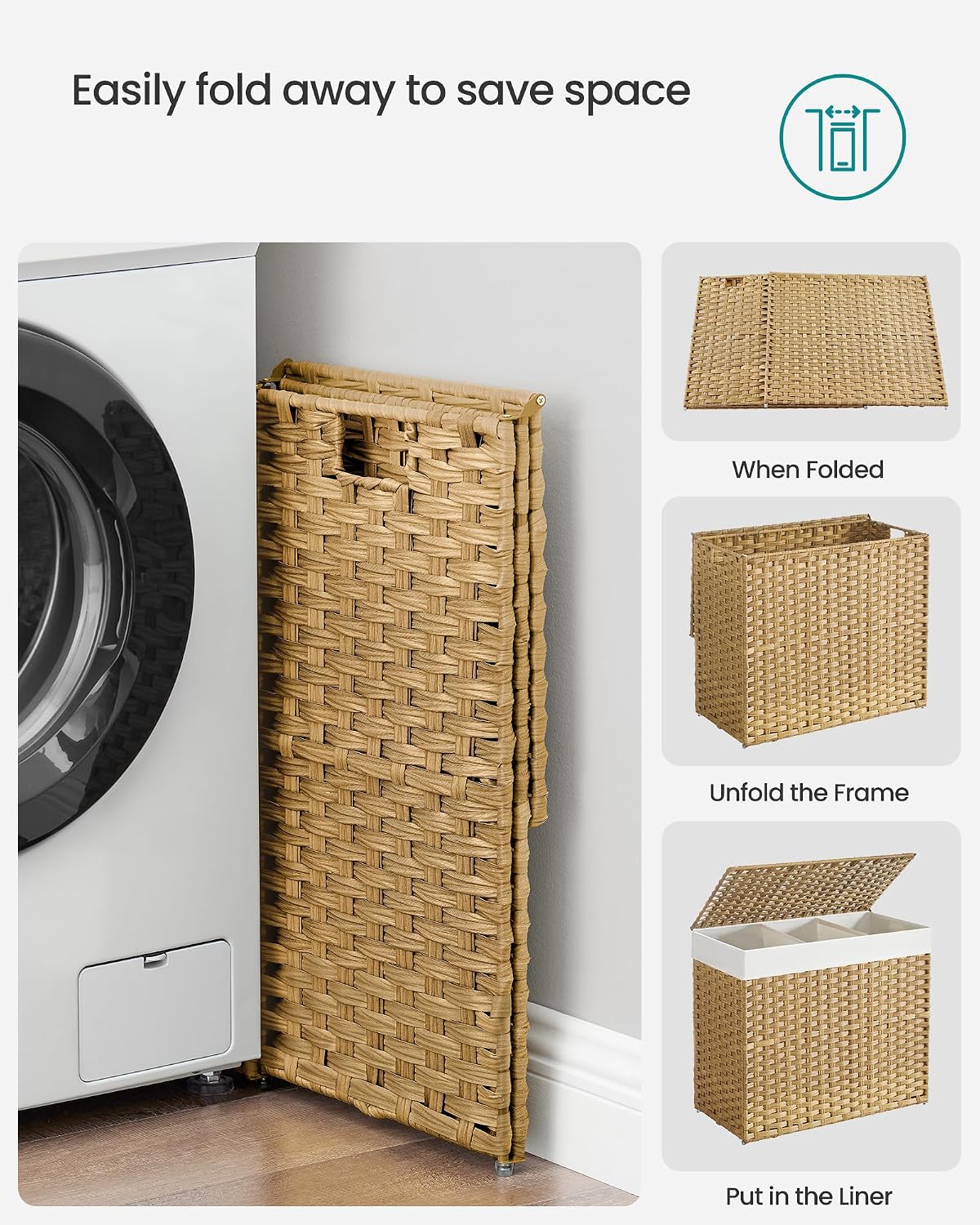 SONGMICS Laundry Hamper with Lid, 42.3 Gallons (160 L), Rolling Laundry Basket with Wheels, 3-Section Synthetic Rattan, Removable Liner, Bedroom, 29.9 x 13 x 26 Inches, Natural ULCB365N01