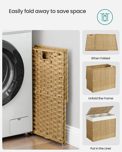 SONGMICS Laundry Hamper with Lid, 42.3 Gallons (160 L), Rolling Laundry Basket with Wheels, 3-Section Synthetic Rattan, Removable Liner, Bedroom, 29.9 x 13 x 26 Inches, Natural ULCB365N01