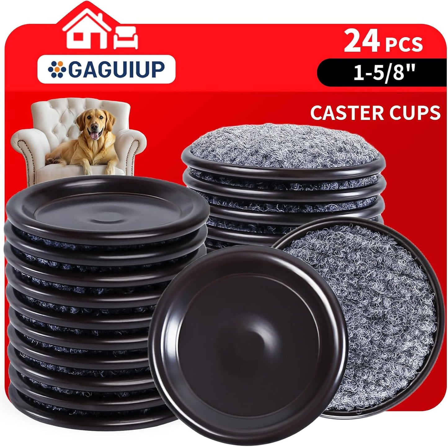1 5/8" Round Carpet Bottom Furniture Caster Cups Furniture Coasters 24 Pack | Reusable Furniture Pads for Hardwood Floors, Carpet Sliders Floors Protectors to Tile or Laminate from Scratches, Brown/Gray