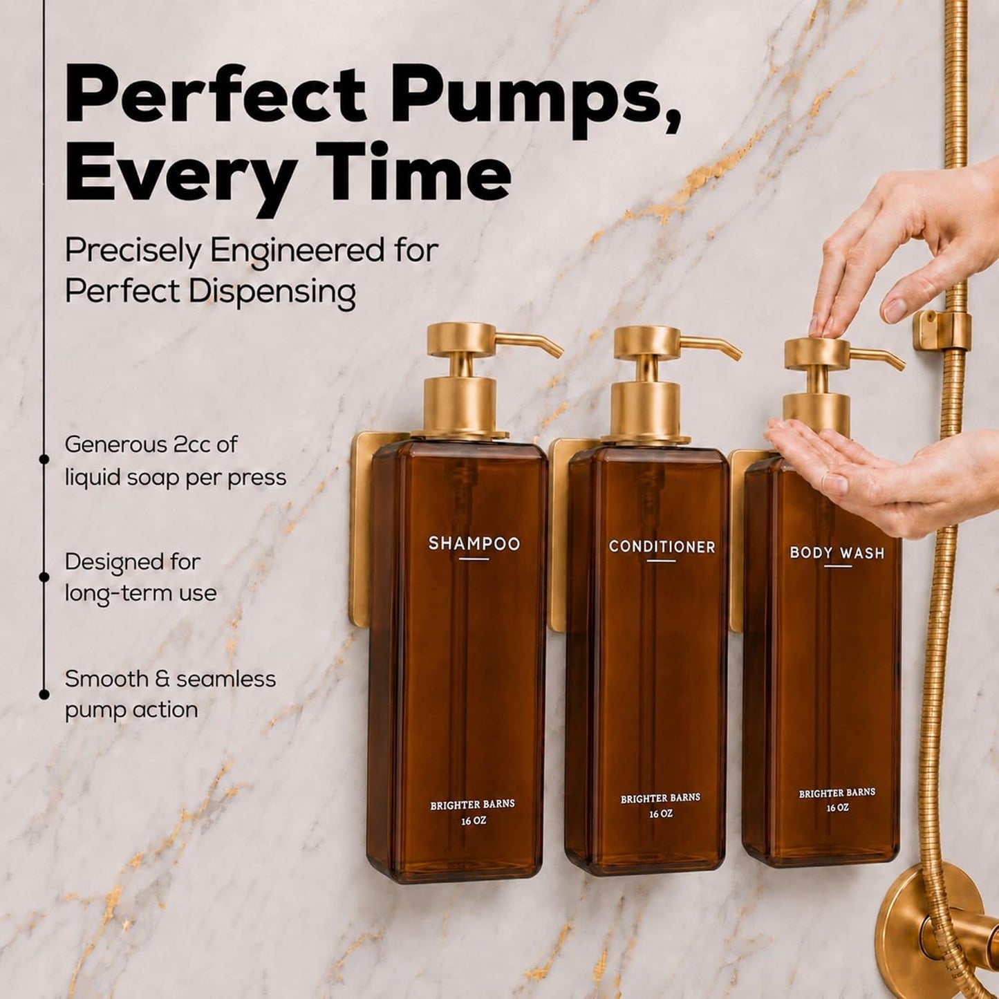 Luxury Shampoo and Conditioner Dispenser Set Wall Mounted by Brighter Barns - Refillable Shower Dispenser with Stainless Steel Pumps - Shampoo Bottles 3 Chamber No Drill for Airbnb, Spa, Hotel (White)