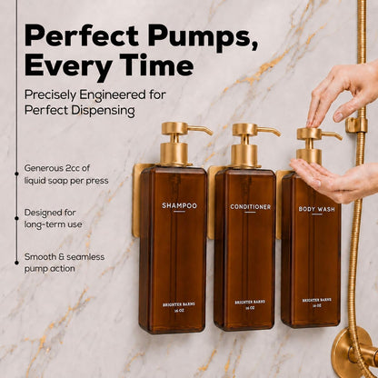Luxury Shampoo and Conditioner Dispenser Set Wall Mounted by Brighter Barns - Refillable Shower Dispenser with Stainless Steel Pumps - Shampoo Bottles 3 Chamber No Drill for Airbnb, Spa, Hotel (White)