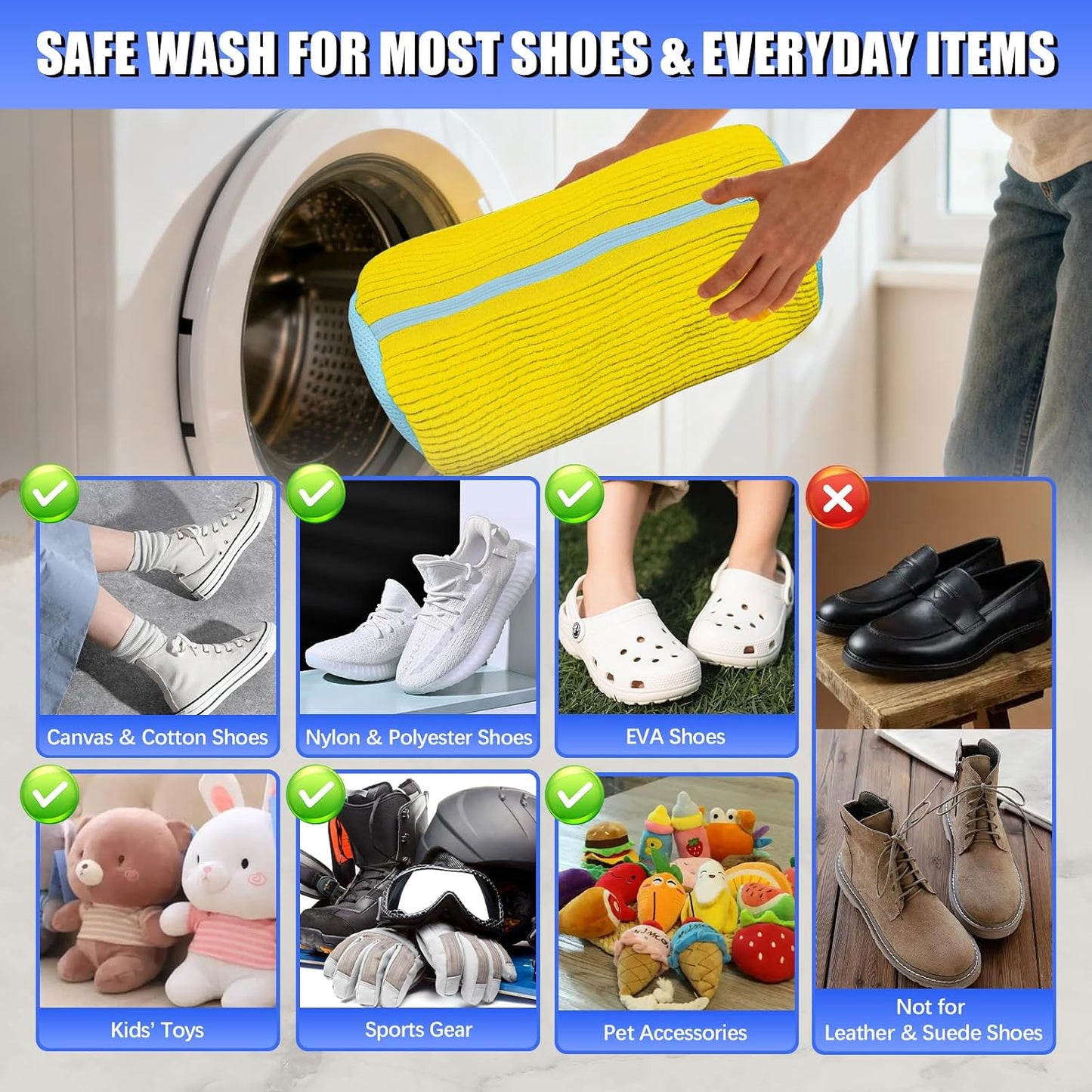 Shoe Bag for Washing Machine, 2 Pack Shoe Laundry Bag | Reusable Shoe Washing Bags for Sneakers, 360° Deep Cleaning, Self-Locking Zipper, Lightweight 160g Design for Washer & Dryer