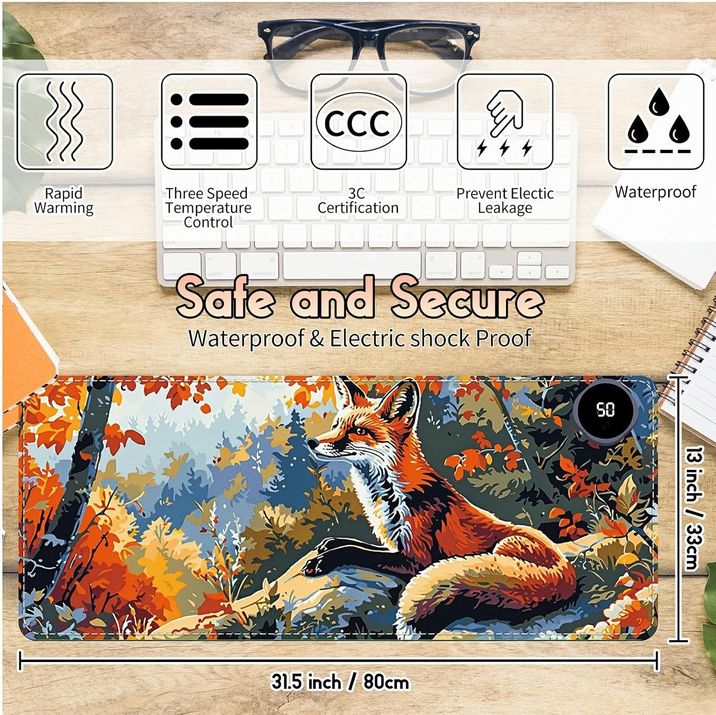 Heated Desk Pad Heated Large Mouse Pad, Electric Quickly Warm Desk Mat with 3 Levels Heating 3 Hours Auto Shut-Off, 31.5" x 13" Warm Gaming Mousepad Hand Foot Warmer, Baby Elephant