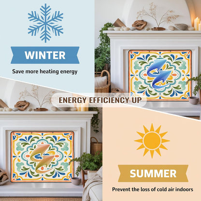 Magnetic Fireplace Cover Bird Branches Fireplace Screen Decorative Green Leaves Frame Insulation Fireplace Blocker Blanket Save Energy Fireplace Draft Stopper Covers for Living Room 45x34 Inch