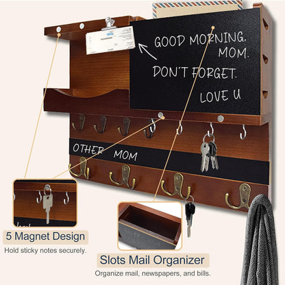 Key Holder for Wall Mount with Shelf and Mail Organizer, Key and Mail Holder with 16 Hooks, Farmhouse Entryway Organizer, Home Decor Rack (Pine Wood, White Washed)