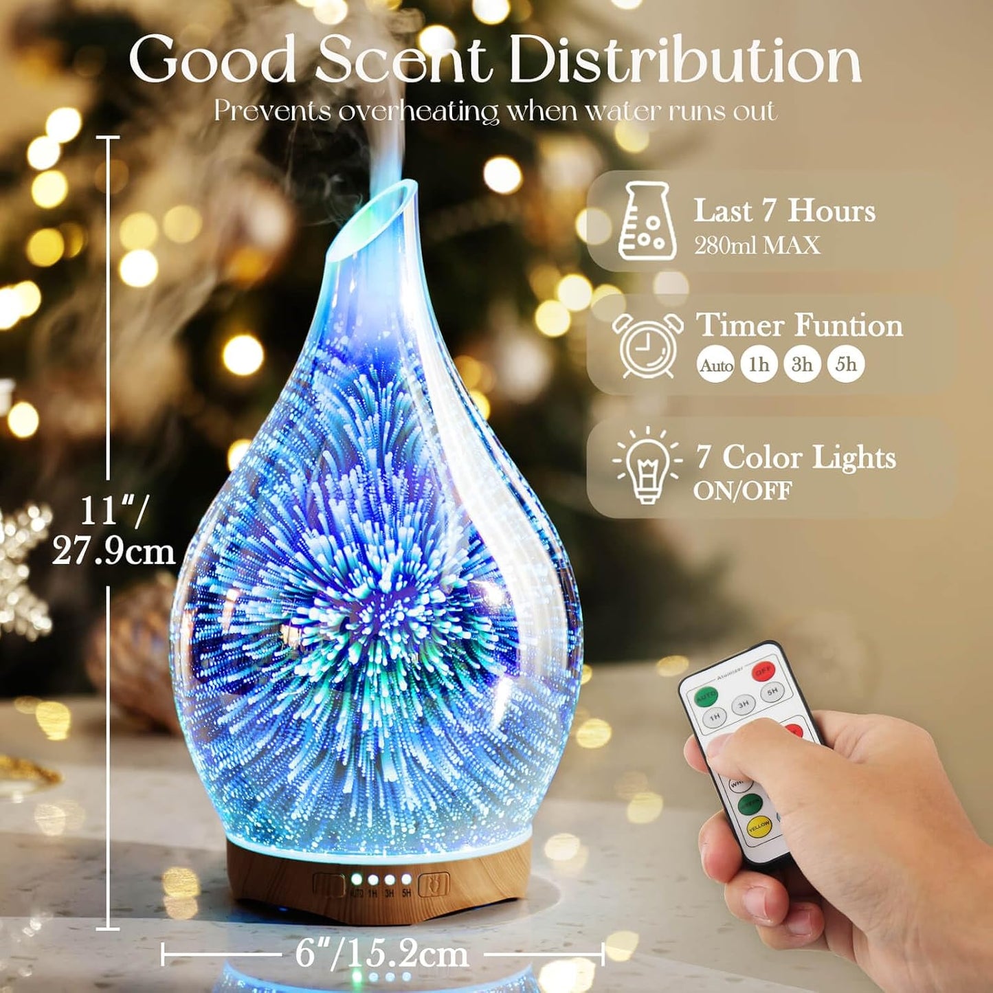 Porseme 280ml Remote Essential Oil Diffuser 3D Glass Ultrasonic Mist 7H | Elegant Handmade Glass Aroma Diffuser with 7-color LEDs, Quiet Aromatherapy and Safe Auto Shut-off, Perfect for Gifts