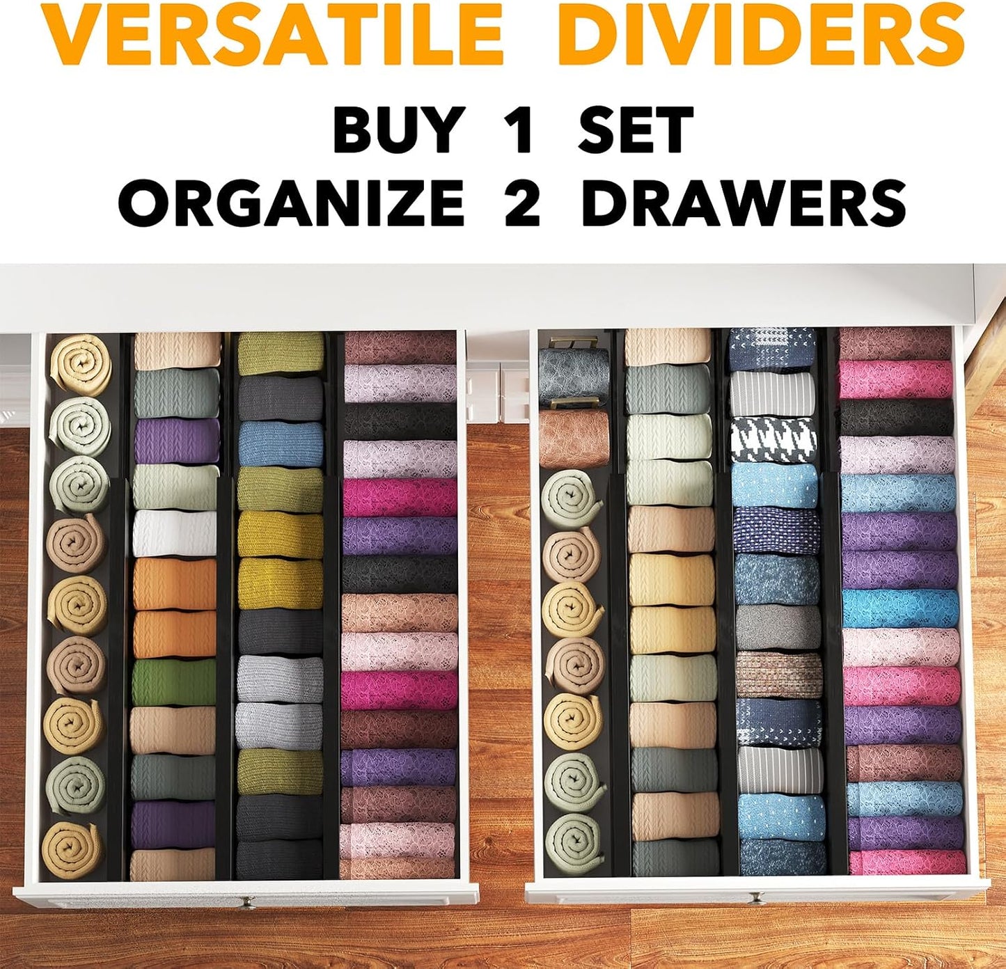 SpaceAid Bamboo Dresser Drawer Dividers 6 Pack, 4.65“ High Adjustable 12.5“-17” Drawer Organizers, Expandable Organization for Clothing, Clothes, Dressers, Natural
