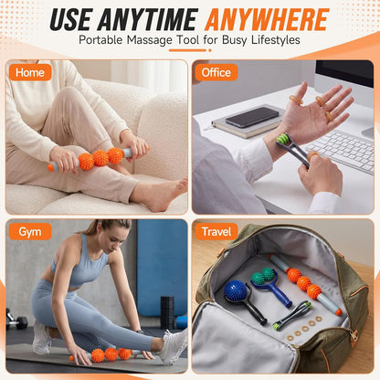 4 Pcs Manual Full Body Massage Tool Set with 5 Finger Rings | Handheld Spiky Massage Roller, Pressure Point Massage Stick, Deep Tissue Release, for Neck, Shoulder, Leg, Feet, Hand, Finger