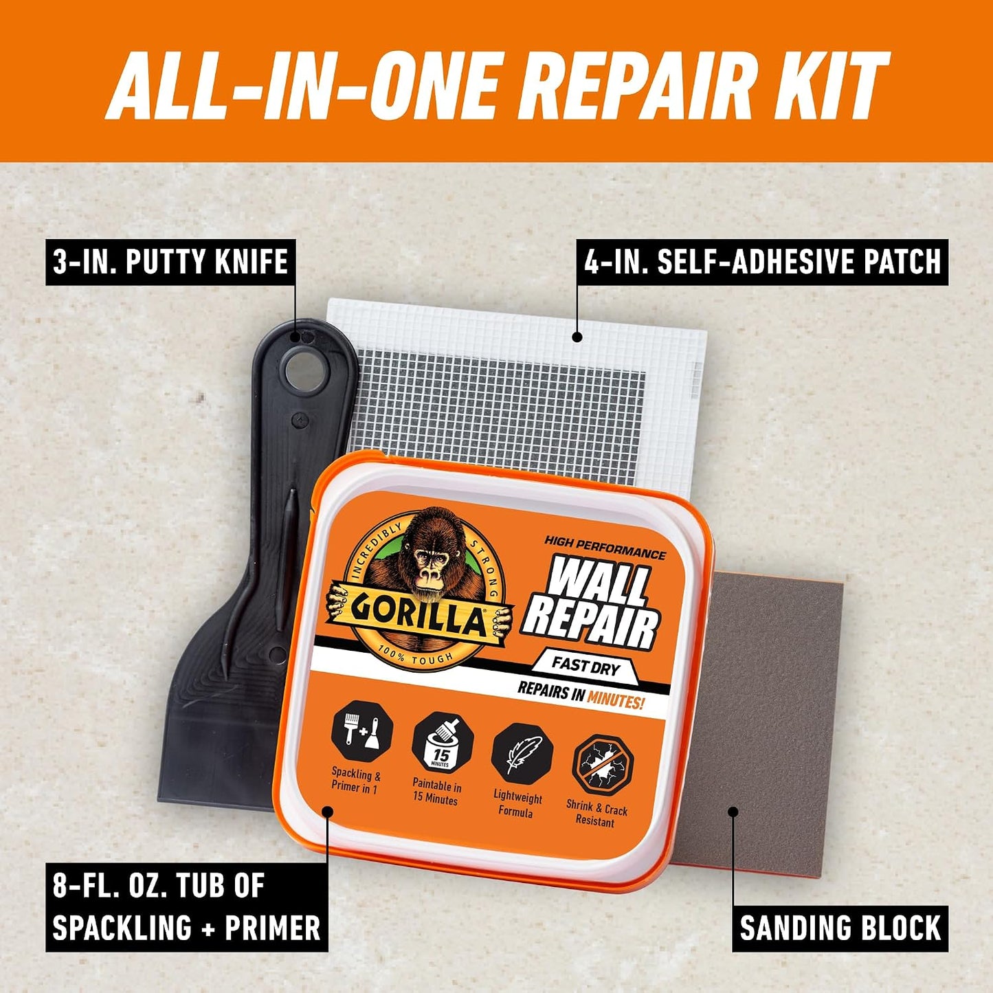 GORILLA Wall Repair Kit, Heavy Duty Spackling, 8 fl oz Tub, 4 in Patch | Includes 3 in Putty Knife, Sanding Block, Lightweight Drywall Filler, Strong Repairs for Walls and Ceilings