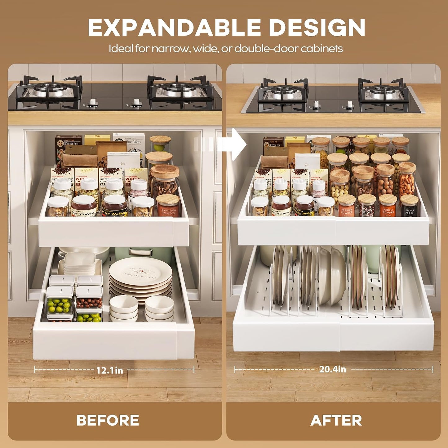 Seinloes 2Pack Pull out Cabinet Organizer 21"Deep with 4 Adjustable Dividers,Expandable（12.1"-20.4"W） Pots and Pans Organizer Under Cabinet with Raising Pad for Framed Cabinets,Slide out Drawers,White