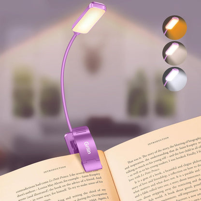 Gritin 9 LED Rechargeable Book Light for Reading in Bed | Eye Caring 3 Color Temps,Stepless Dimming Brightness,80 Hrs Runtime Small Lightweight Clip On Book Reading Light for Studying