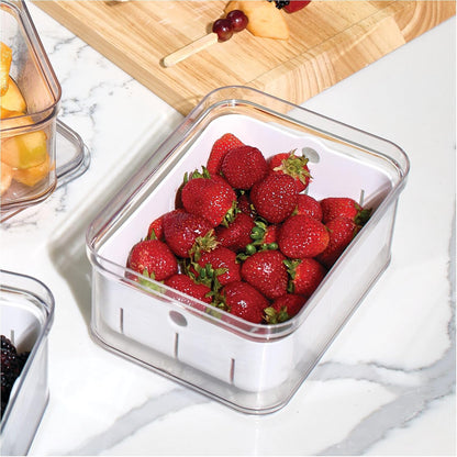 iDesign Small Fridge Berry Bin with Removable Colander Basket and Lid - Set of 2 - Clear/White