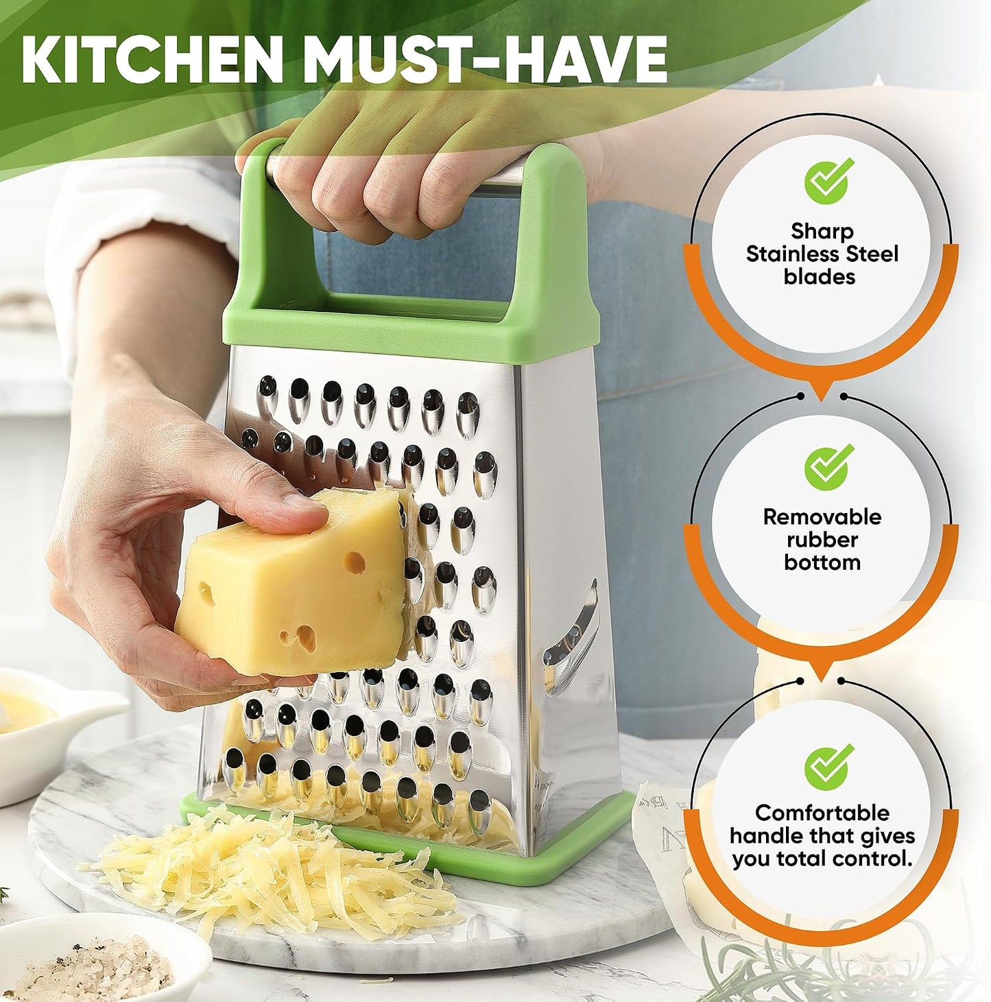 Spring Chef Stainless Steel XL Cheese Grater for Kitchen, Green | 4 Sided Manual Metal Box Grater for Carrot, Potato, Cabbage, Cheese Shredder, Professional Vegetable Grater, Dishwasher Safe