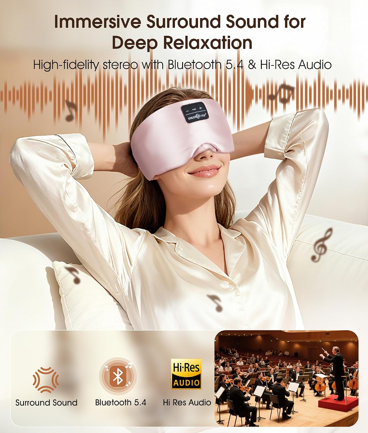 MUSICOZY 3D Mulberry Silk Sleep Mask Bluetooth 5.4 Headphones Full Coverage | Luxury Silk Eye Mask with Blackout Design Ultra Thin Speakers, Side Sleeper Comfort for Travel Relaxation Gifts for Men Women